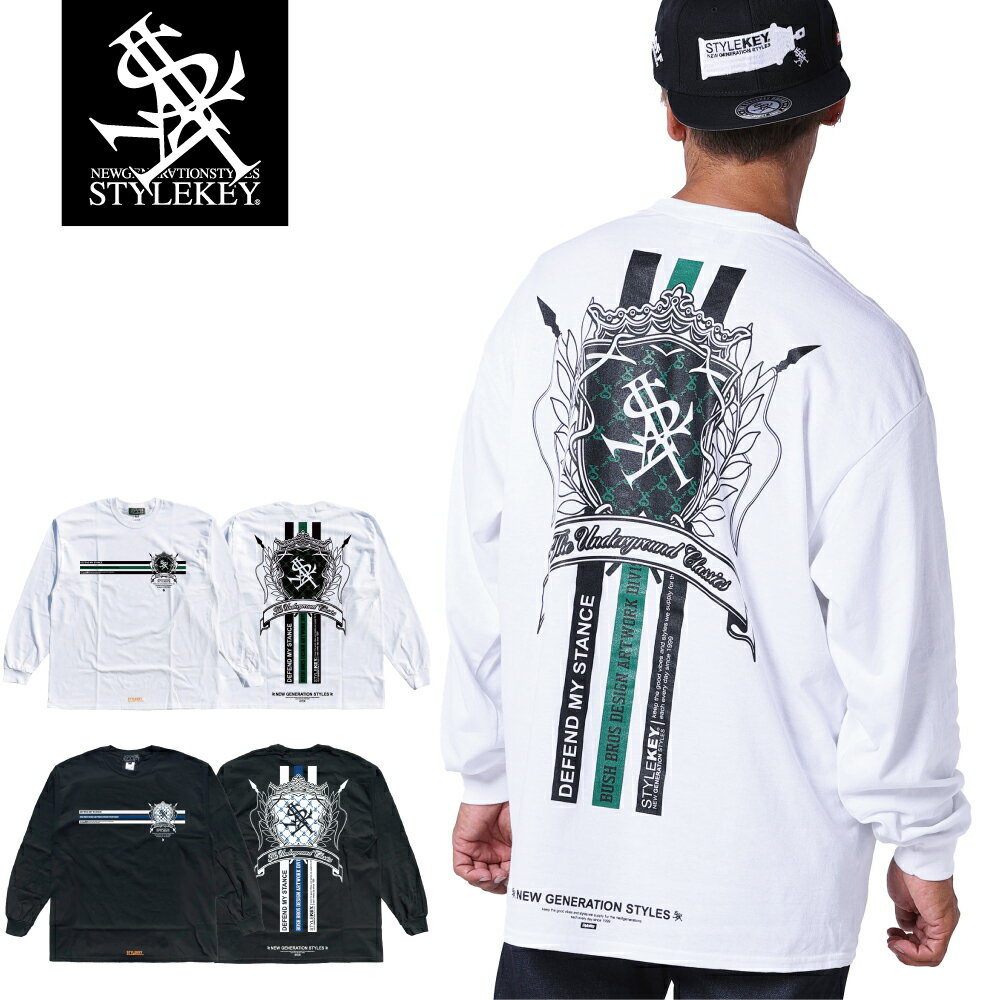 楽天B-BROS Online StoreSTYLEKEY（スタイルキー） 長袖Tシャツ THREE ARROWS L/S TEE（SK23FW-LS08） 3本 ライン 矢 槍 エンブレム ロゴ ストライプ メンズ レディース ファッション ストリート系 ヒップホップ B系 レゲエ ロック バンド ロンT 長T バックプリント 大きいサイズ