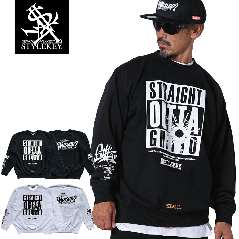 STYLEKEY(スタイルキー) クルースウェット SAY WUSSUP? CREW SWEAT(SK23FW-SWC04) タギング ボックス 映画 ラッパー ラップ ロゴ トレーナー 裏毛 メンズ ファッション ローライダー ストリート ヒップホップ B系 横浜 ウエッサイ 西海岸 アメ車 大きいサイズ