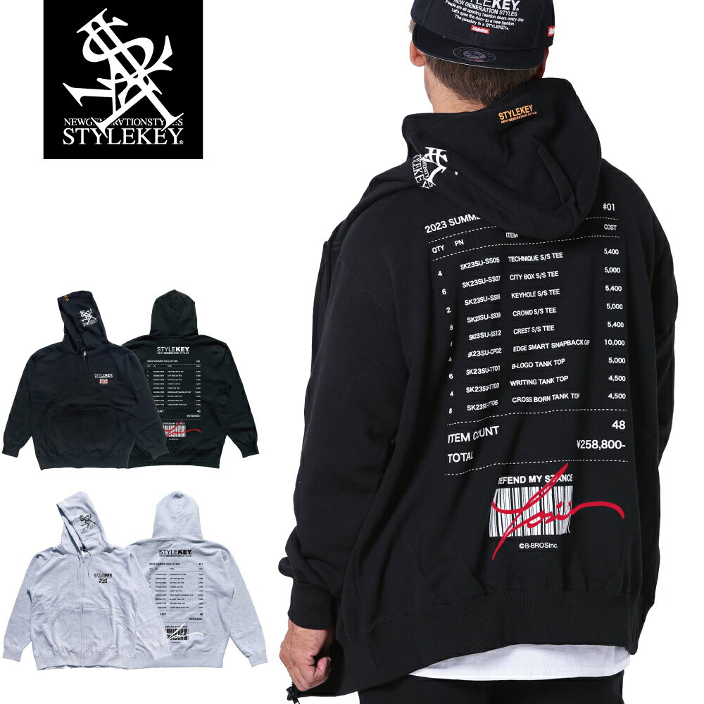 STYLEKEY(スタイルキー) ジップスウェットパーカー VOUCHER ZIP HOOD SWEAT(SK23FW-SWJK01) 伝票 納品書 バーコード サイン ストリート系 ファッション ヒップホップ B系 レゲエ 裏毛 ロゴ バックプリント ジップアップ 大きいサイズ ビッグサイズ 3L 4L