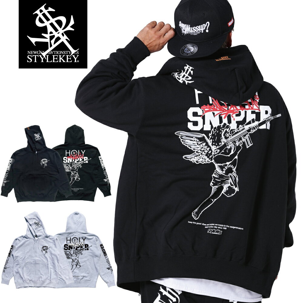 STYLEKEY(スタイルキー) ジップスウェットパーカー HOLY SNIPER ZIP HOOD SWEAT(SK23FW-SWJK02) 天使 ライフル 銃 イラスト ストリート系 ファッション ヒップホップ B系 レゲエ 裏毛 ロゴ バックプリント 袖プリント ジップアップ 大きいサイズ ビッグサイズ