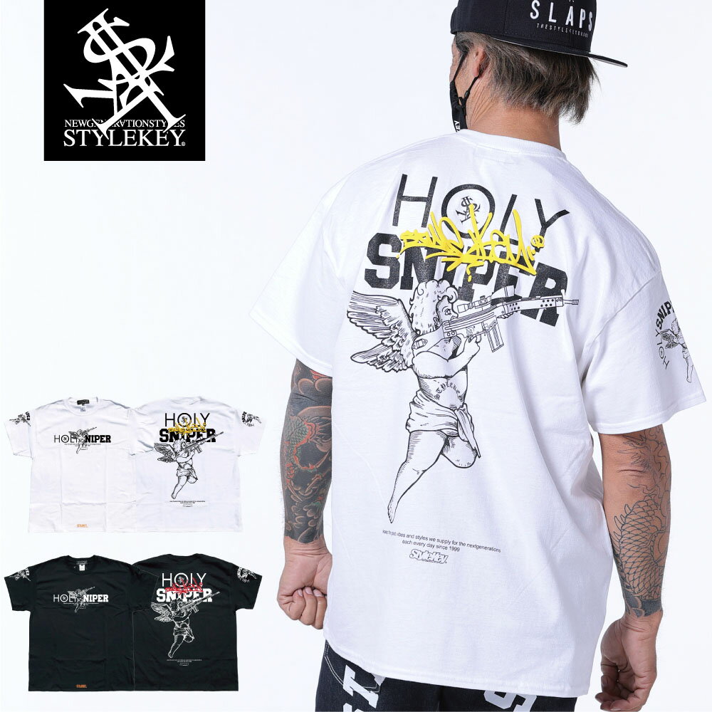 STYLEKEY スタイルキー 半袖Tシャツ HOLY SNIPER S/S TEE(SK23SP-SS08) 天使 エンジェル ライフル 銃 イラスト 文字 ロゴ バックプリント 袖プリント ヒップホップ B系 ストリート系 レゲエ スケーター HIPHOP メンズ ダンサー ロック バンド 大きいサイズ