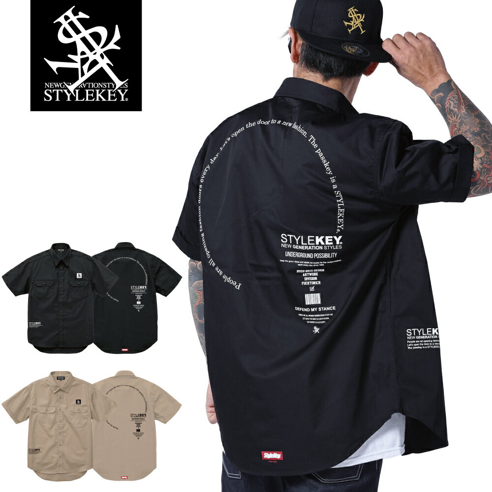 STYLEKEY スタイルキー 半袖ワークシャツ HIDEOUT S/S WORK SHIRT(SK24SP-BL01) サークル 円 ロゴ テキスト 隠れ家 秘密基地 地図 ヒップホップ B系 ストリート系 レゲエ ロック バンド ブラウス シャツジャケット バックプリント ワンポイント 大きいサイズ 3L 2XL XXL