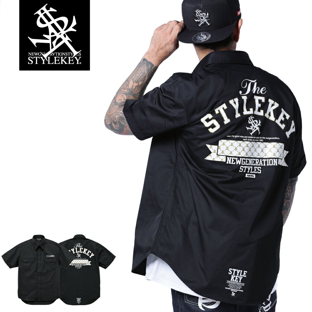 STYLEKEY スタイルキー 半袖ワークシャツ APPROACH S/S WORK SHIRT(SK24SP-BL02) アーチ ロゴ モノグラム ゴールドプリント 金プリント ヒップホップ B系 ストリート系 レゲエ ロック バンド ブラウス シャツジャケット バックプリント ワンポイント 大きいサイズ 3L 2XL XXL