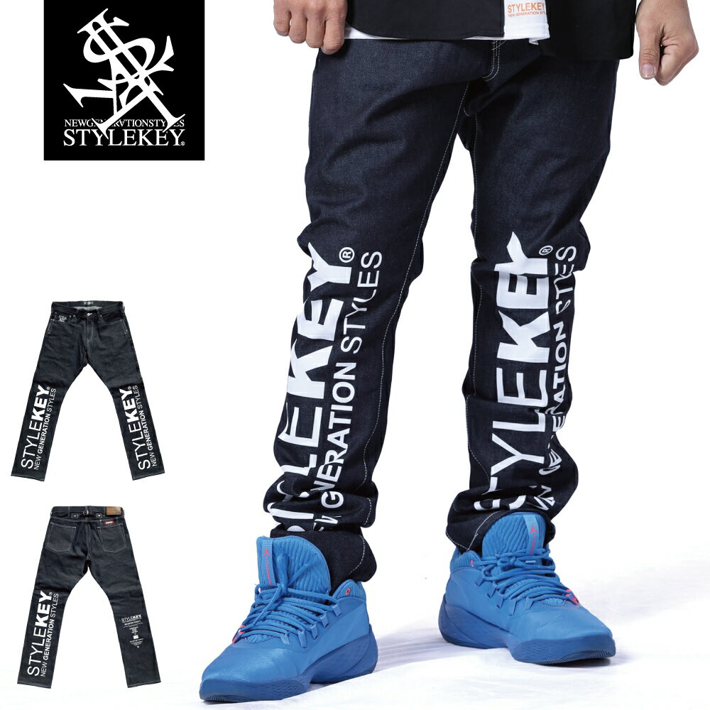 STYLEKEY スタイルキー デニムパンツ FORTRESS SLIM DENIM PANTS(SK24SP-PT02) 特大ロゴ ビッグロゴ プリント ワンポイント 刺繍 日本製 岡山県児島産 スリム インディゴ 生 メンズ ファッション ヒップホップ DJ B系 ストリート系 レゲエ ロック バンド 大きいサイズ 40