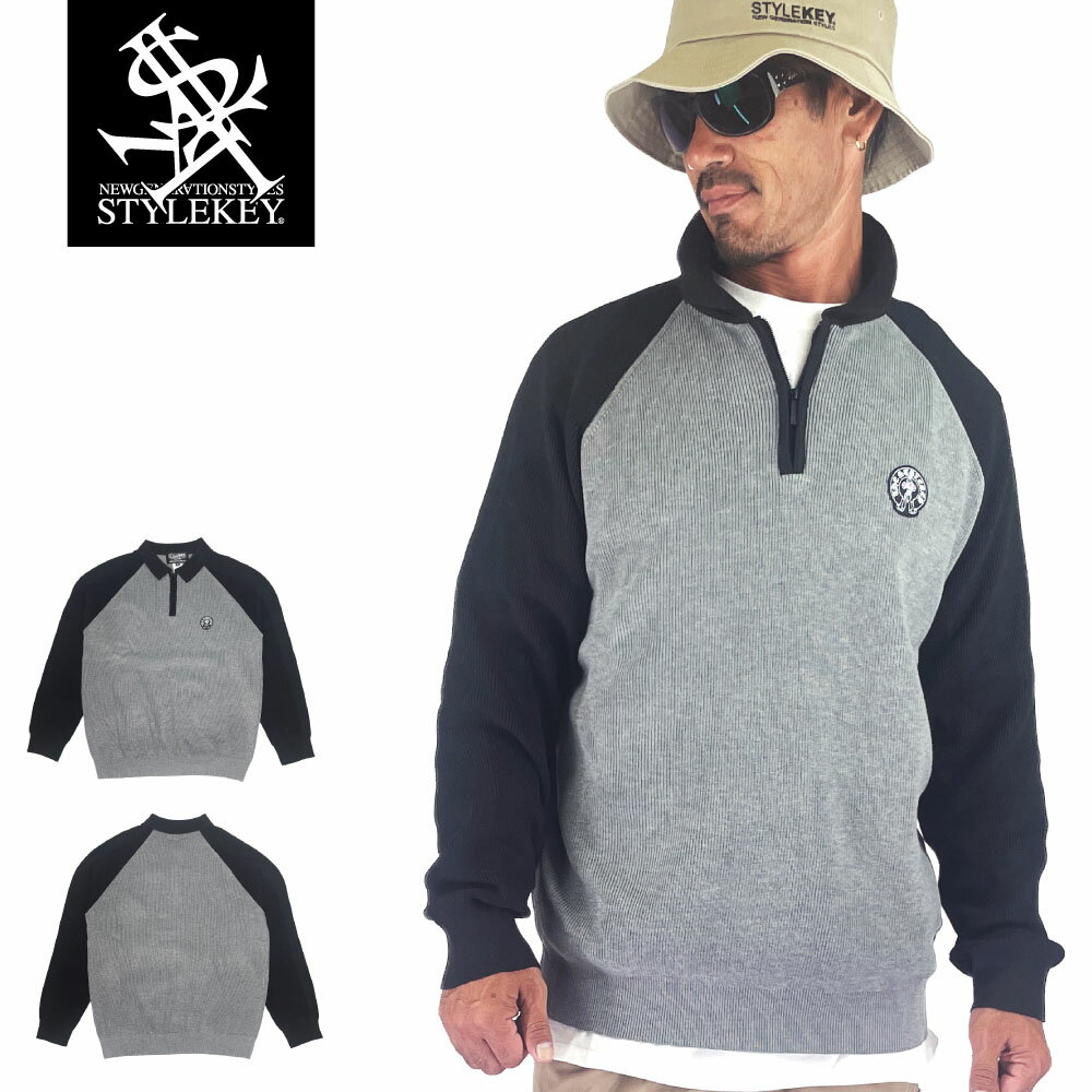STYLEKEY スタイルキー ハーフジップラグランセーター TWOTONE HALF ZIP RAGLAN KNIT(SK25C10-RKN01) ニット ハーフジップ 編み 襟付き ロゴ ワンポイント 2tone 2トーン ツートーン 配色 ジップアップ ヒップホップ B系 レゲエ ゴルフ 普段着 シンプル ワッペン 刺繍
