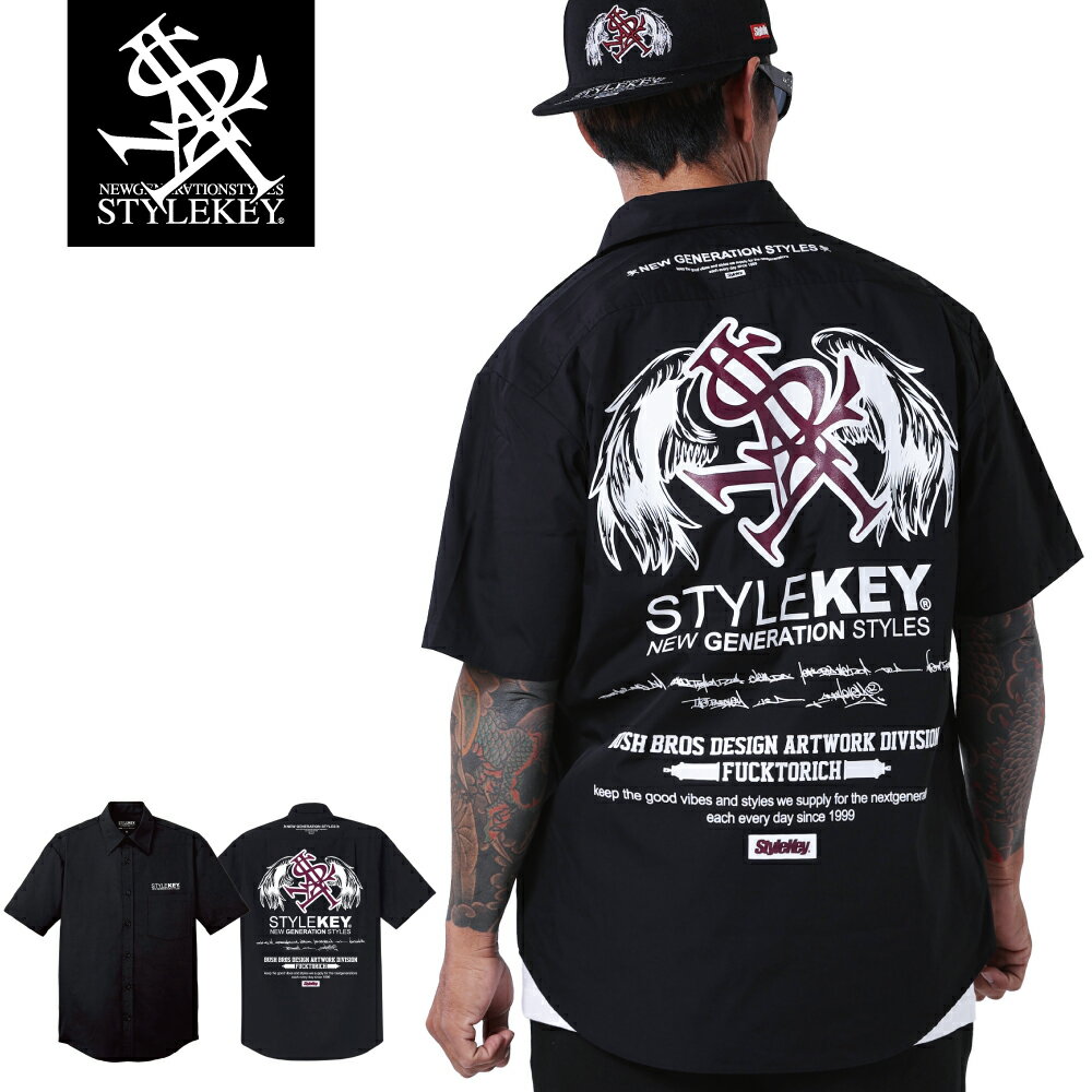 Rakuten - STYLEKEY スタイルキー 半袖ブロードシャツ ROYAL ANGEL S/S COLOR SHIRT(SK25SU-BL02) ロゴ ロイヤルロゴ 翼 羽 天使 ヒップホップ B系 ストリート系 ロック バンド メンズ ファッション ダンス dj ブラウス シャツジャケット ブロードシャツ バックプリント ワンポイント