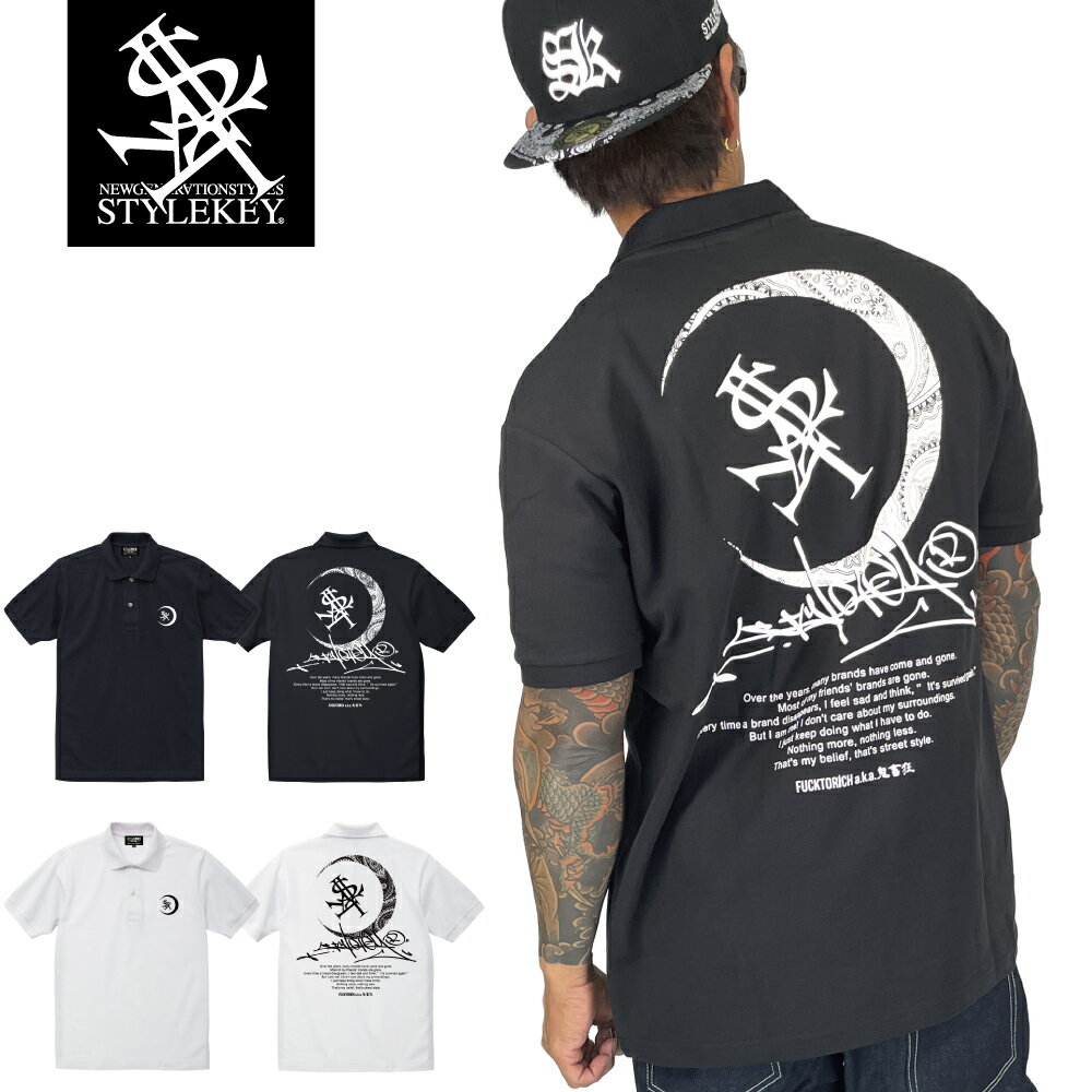 Rakuten - STYLEKEY スタイルキー ポロシャツ EMISSARY FROM MOON 鹿の子 S/S POLO(SK26C3-PL01) 月 三日月 ロイヤル ロゴ タギング メッセージ ペイズリー柄 ペーズリー メンズ ファッション ヒップホップ B系 ストリート系 カノコ 半袖 ポロ 襟付き バックプリント ワンポイント