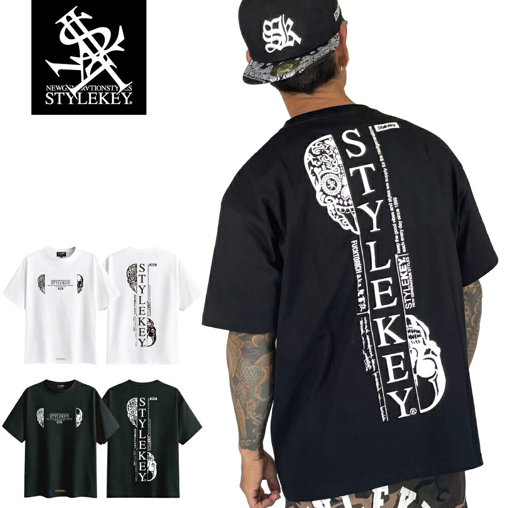Rakuten - STYLEKEY スタイルキー 半袖Tシャツ TWO WORLDS S/S TEE(SK26C4-SS03) ハーフスカル ドクロ スカル メキシカンスカル ロゴ バックプリント メンズ レディース ファッション ストリート系 B系 ヒップホップ hiphop アメカジ ダンス バイカー アメリカン 西海岸 大きいサイズ