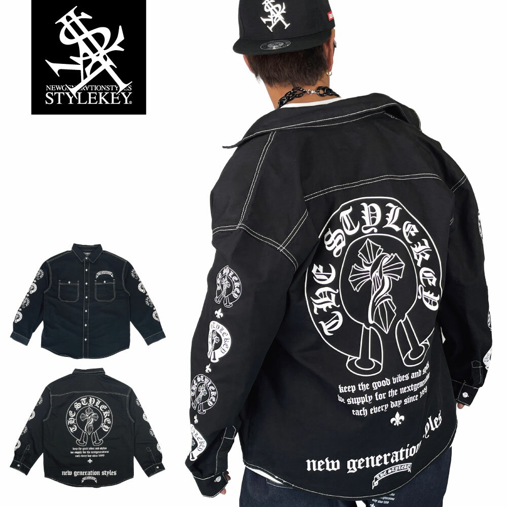 Rakuten - STYLEKEY スタイルキー 長袖デニムシャツ GENESIS WASH BLACK DENIM L/S SHIRT (SK26CG-DBL01) ウオッシュ ブラックデニム ホワイトステッチ 長袖シャツ エンブレム ロゴ バックプリント 袖プリント アメカジ シャツ ストリート系 B系 ヒップホップ ギャング 西海岸 LA BL