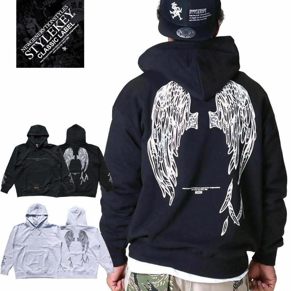 楽天B-BROS Online StoreSTYLEKEY CLASSIC LABEL（スタイルキー クラシック・レーベル） スウェットパーカー FALLEN ANGEL HOOD SWEAT（SK99CL-SWH18） 堕天使の羽 翼 ロゴ フード プルオーバー メンズファッション ストリート系 ヒップホップ B系 レゲエ ロック バンド 大きいサイズ 3L 4L XXL XXXL