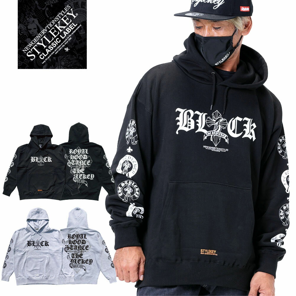 STYLEKEY CLASSIC LABEL(スタイルキー クラシック・レーベル) スウェットパーカー KINGDOM HOOD SWEAT(SK99CL-SWH19) 十字架 クロス オールド文字 ロゴ フード プルオーバー メンズファッション ストリート系 ヒップホップ B系 レゲエ ロック バンド 大きいサイズ 4L XXXL