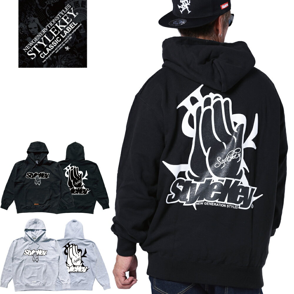 STYLEKEY CLASSIC LABEL(スタイルキー クラシック・レーベル) スウェットパーカー PRAY FOR YOU HOOD SWEAT(SK99CL-SWH22) プレイハンド イラスト ロゴ フード 裏毛 プルオーバー メンズファッション ストリート系 ヒップホップ B系 レゲエ 大きいサイズ バックプリント