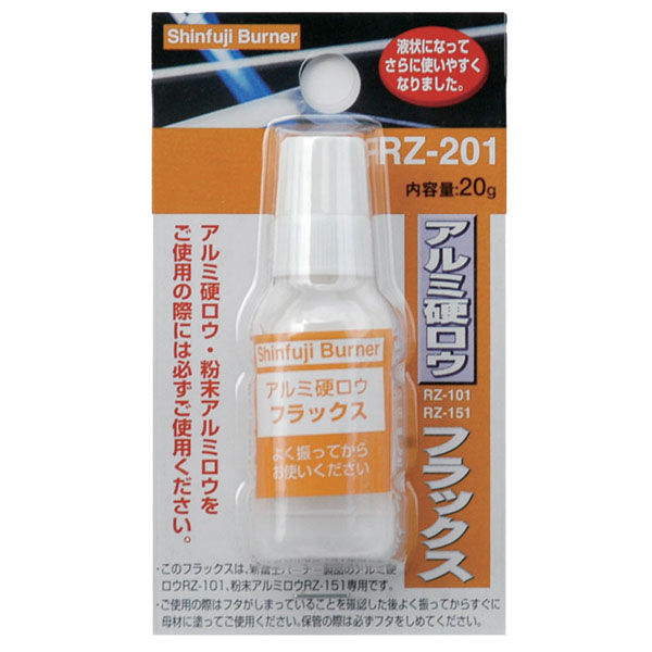 商品仕様・内容量：20g ・対応ロウ材：RZ-101・151ここに注目・フラックスは、加熱時に母材にできる酸化被膜を除去する役割をします。・通常、母材とロウ材は加熱することで、お互いの間に酸化被膜ができます。・この被膜は、お互いの接合の妨げになるため、その酸化被膜除去剤としてフラックス使用します。注意点