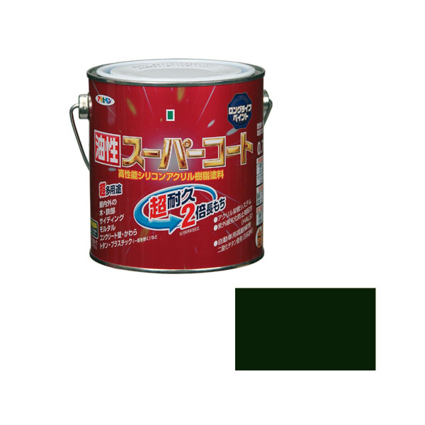 商品仕様 メーカー：（株）アサヒペン ・内容量：0.7L ・カラー：アイリッシュグリーン ・重量：1000g ・標準塗り回数：1回塗り ・光沢：ツヤあり ・塗膜の仕上がり：不透明（下地を隠す） ・塗料タイプ：架橋反応型シリコンアクリル樹脂塗料 ・乾燥時間：夏期　1〜2時間/冬期　3〜5時間 ・塗り重ね時間の目安： 夏期　1日以上/冬期　2日以上 ・塗り面積：6.0〜8.0平方メートル (タタミ3.7〜4.8枚分) ここに注目 ・シリコンアクリル樹脂のシリコン架橋システム及び紫外線劣化防止剤(HALS)の相乗効果により、 汚れにくく、耐久性が格段に優れた高性能塗料です。 ・モルタルやコンクリート壁などアルカリ面にも塗装できます。 ・白系塗料には自動車用にも使用されている高耐候性二酸化チタンを使用しています。 ・酸性雨や酸性雪・排気ガス・塩害に強い塗料です。 ・サビドメ剤を配合していますので、サビの発生を防ぎます。 ・1回塗りで仕上がり、大変塗りやすい塗料です(メタリック色は2回塗り)。 ・ツヤあり色はエナメル調の美しいツヤに、ツヤ消し色は落ち着いたツヤ消しに仕上がります。 【用途】 ・適した場所：屋内外区分　屋内外用。 ・フェンス・門扉・建材などの鉄やアルミ・ステンレス。 ・カラーベスト・スレート瓦・セメント瓦・トタン屋根・トタンベイ。 ・コンクリート・ブロック・各種サイディングなどの外壁やへい。 ・ドア・雨戸・羽目板・板べい ・ガーデン用品などの屋内外の木部、家具、木工品などの木製品。 ・台所・居間などのしっくい ・モルタル・コンクリート壁・板壁。 ・FRP・アクリル・硬質塩ビのプラスチック面。 【最適な塗装用品】 ・腰の強い馬毛と化繊混毛のアサヒペンPC上級油性用ハケが適しています 。・広い面の塗装には、ローラートレイ付き広口容器5L、10Lに使用できるアサヒペンPCライト万能用ローラーバケ、PCスリム万能用ローラーバケが適しています。