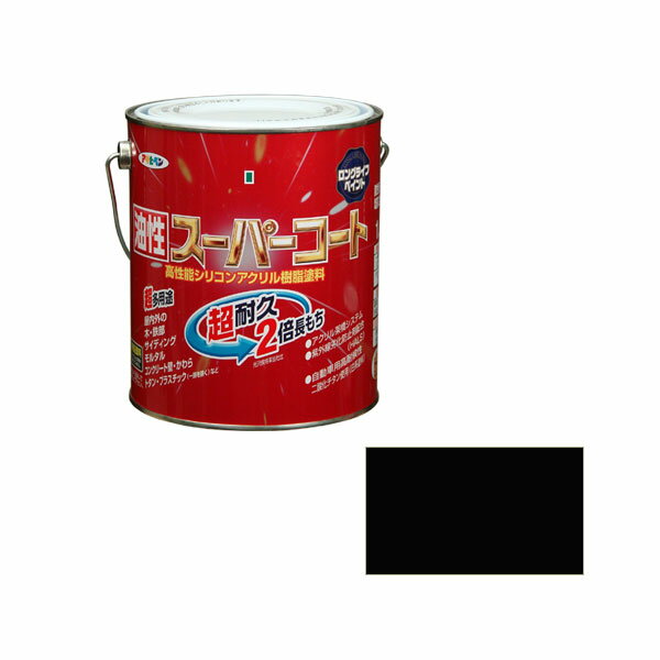 商品仕様 メーカー：（株）アサヒペン ・内容量：1.6L ・カラー：ツヤ消し黒 ・重量：2400g ・標準塗り回数：1回塗り ・光沢：ツヤあり ・塗膜の仕上がり：不透明（下地を隠す） ・塗料タイプ：架橋反応型シリコンアクリル樹脂塗料 ・乾燥時間：夏期　1〜2時間/冬期　3〜5時間 ・塗り重ね時間の目安： 夏期　1日以上/冬期　2日以上 ・塗り面積：13〜18平方メートル (タタミ8〜11枚分) ここに注目 ・シリコンアクリル樹脂のシリコン架橋システム及び紫外線劣化防止剤(HALS)の相乗効果により、 汚れにくく、耐久性が格段に優れた高性能塗料です。 ・モルタルやコンクリート壁などアルカリ面にも塗装できます。 ・白系塗料には自動車用にも使用されている高耐候性二酸化チタンを使用しています。 ・酸性雨や酸性雪・排気ガス・塩害に強い塗料です。 ・サビドメ剤を配合していますので、サビの発生を防ぎます。 ・1回塗りで仕上がり、大変塗りやすい塗料です(メタリック色は2回塗り)。 ・ツヤあり色はエナメル調の美しいツヤに、ツヤ消し色は落ち着いたツヤ消しに仕上がります。 【用途】 ・適した場所：屋内外区分　屋内外用。 ・フェンス・門扉・建材などの鉄やアルミ・ステンレス。 ・カラーベスト・スレート瓦・セメント瓦・トタン屋根・トタンベイ。 ・コンクリート・ブロック・各種サイディングなどの外壁やへい。 ・ドア・雨戸・羽目板・板べい ・ガーデン用品などの屋内外の木部、家具、木工品などの木製品。 ・台所・居間などのしっくい ・モルタル・コンクリート壁・板壁。 ・FRP・アクリル・硬質塩ビのプラスチック面。 【最適な塗装用品】 ・腰の強い馬毛と化繊混毛のアサヒペンPC上級油性用ハケが適しています 。・広い面の塗装には、ローラートレイ付き広口容器5L、10Lに使用できるアサヒペンPCライト万能用ローラーバケ、PCスリム万能用ローラーバケが適しています。