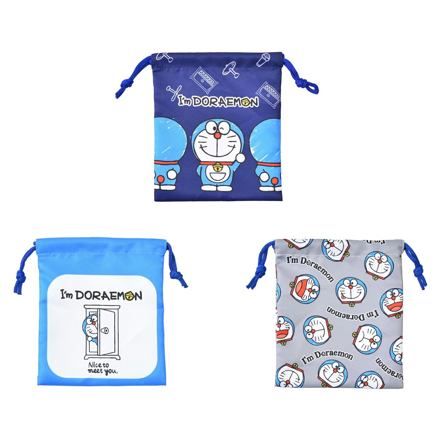 I'm ドラえもん 巾着 3枚セット 巾着袋 入園準備 入学準備 子供用 キッズ 小物入れ コップ袋 キャラクター かわいい グッズ プレゼント ギフト ポリエステル 軽量 乾きやすい 男の子 女の子