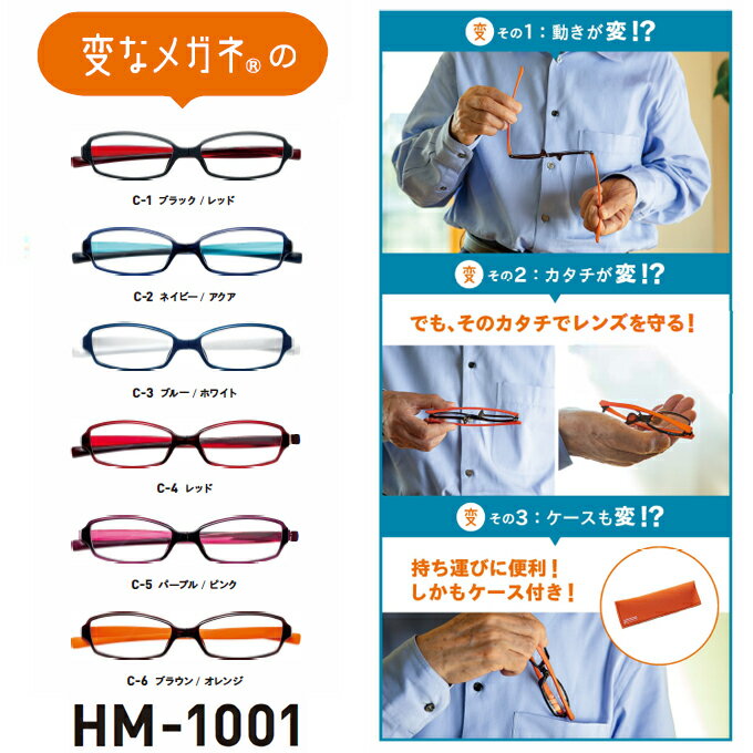 変なメガネ 老眼鏡 シニアグラス 回転式 ケース付 コンパクト ブルーライトカット UVカット スクエア ハグ・オザワ HM-1001