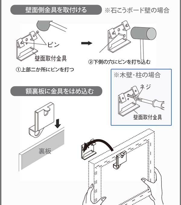 ウォールメイツ 正規品 引掛吊りSセット5 M-593｜壁掛けフック 額縁 パネル 取り付け 壁にぴったり掛ける 金具 日本製　※安全荷重5kg 裏板止めタイプ