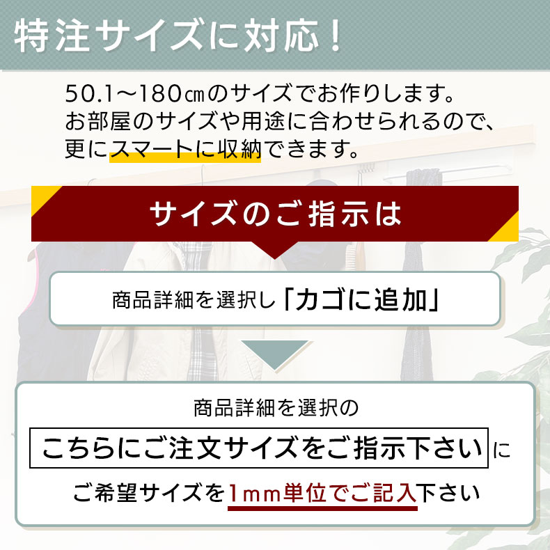 ウォールメイツ正規品【スリム長押 特注サイズ:50.1～180cm 4色:アイボリー/ナチュラル/セピア/シルバー】ご購入方法：商品詳細を選択 し カゴに追加 ≫ 希望サイズを記入 ≫ 購入手続きへ ※フック:3～9個付 安全荷重:ピン5kg/ネジ10kg 日本製 3