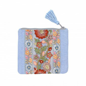 【暮らしラクラク応援セール】インド刺繍リボン ポーチ (S) グレイッシュブルー 13124000416【取り寄せ..