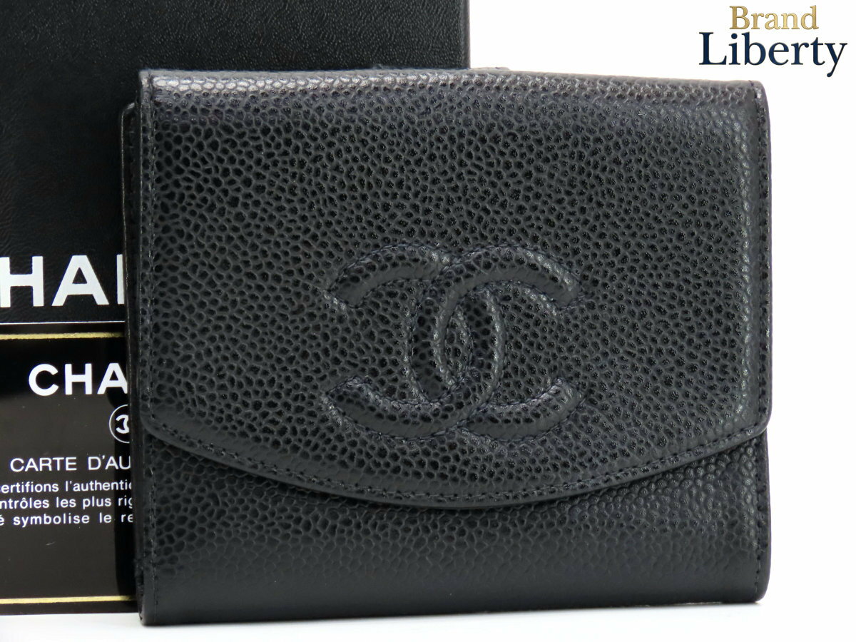 【外超美品】シャネル CHANEL ヴィンテージ ココマーク キャビアスキン Wホック財布 両面財布 コンパクト財布 ブラック グレインドカーフスキン A13496 【中古】
