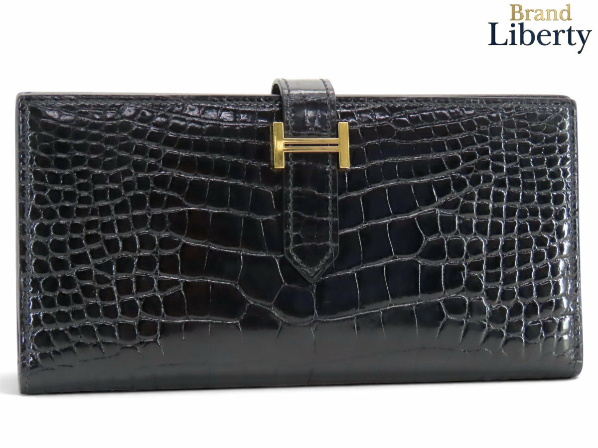 【美品】エルメス HERMES ベアンスフレ アリゲーターシャイニー 二つ折り長財布 マチ有り クロコダイル ブラック ゴールド金具 アリゲーターレザー T刻　【中古】