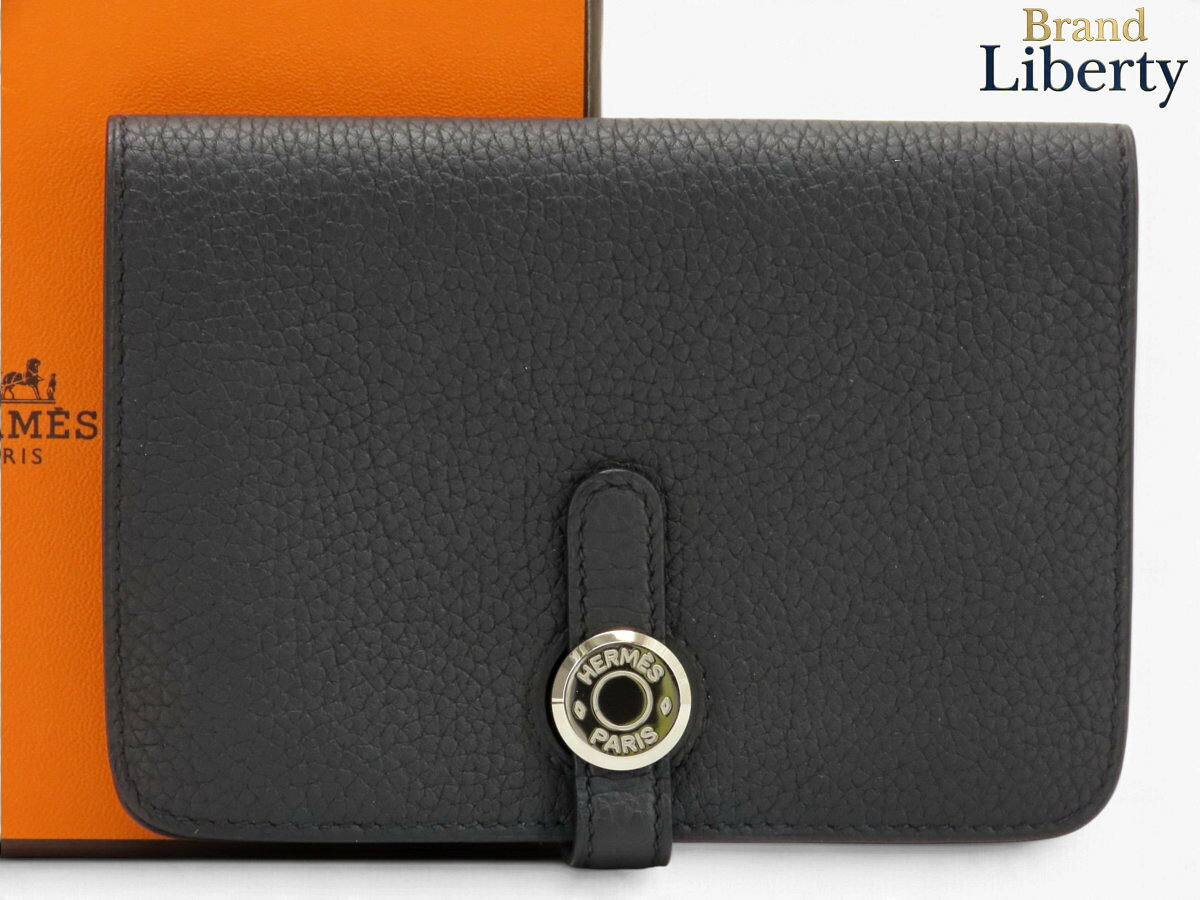 【ほぼ新品】エルメス HERMES ドゴン コンパクト コインケース 小銭入れ 二つ折り財布 コンパクト財布 ブラック シルバー金具 トゴ T刻　【中古】