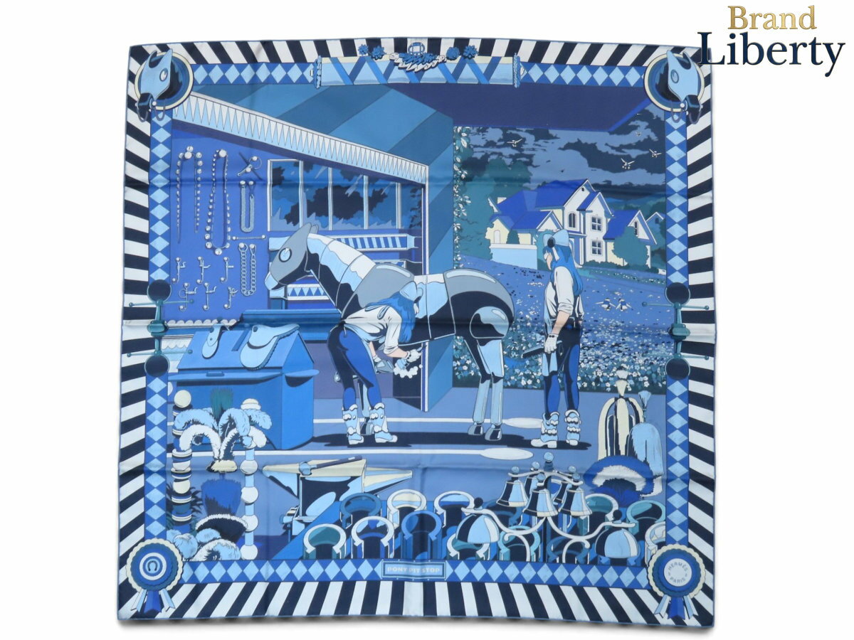 Rakuten - 【未使用】エルメス HERMES カレ ダブルフェイス90 PONY PIT STOP ポニー ピット ストップ 大判スカーフ ストール ショール リバーシブル ブルー コバルト ホワイト マリン シルク100％ H904207S 02　【中古】