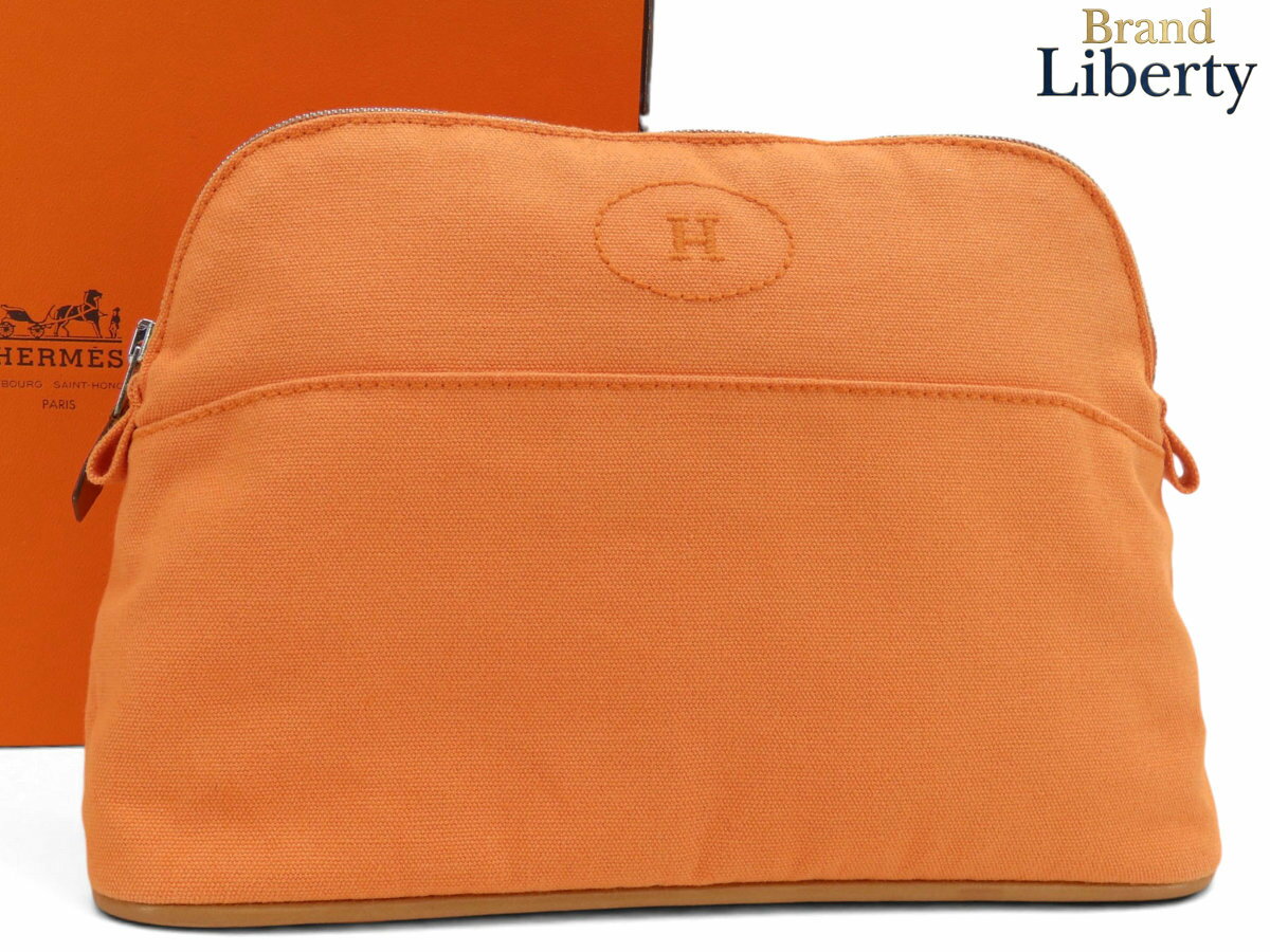 乐天商城 - 【新品同様】エルメス HERMES ボリードポーチ MM コスメティックケース 小物入れ コスメケース 化粧入れ バッグインバッグ ライトオレンジ コットンキャンバス レザー H103774M　【中古】