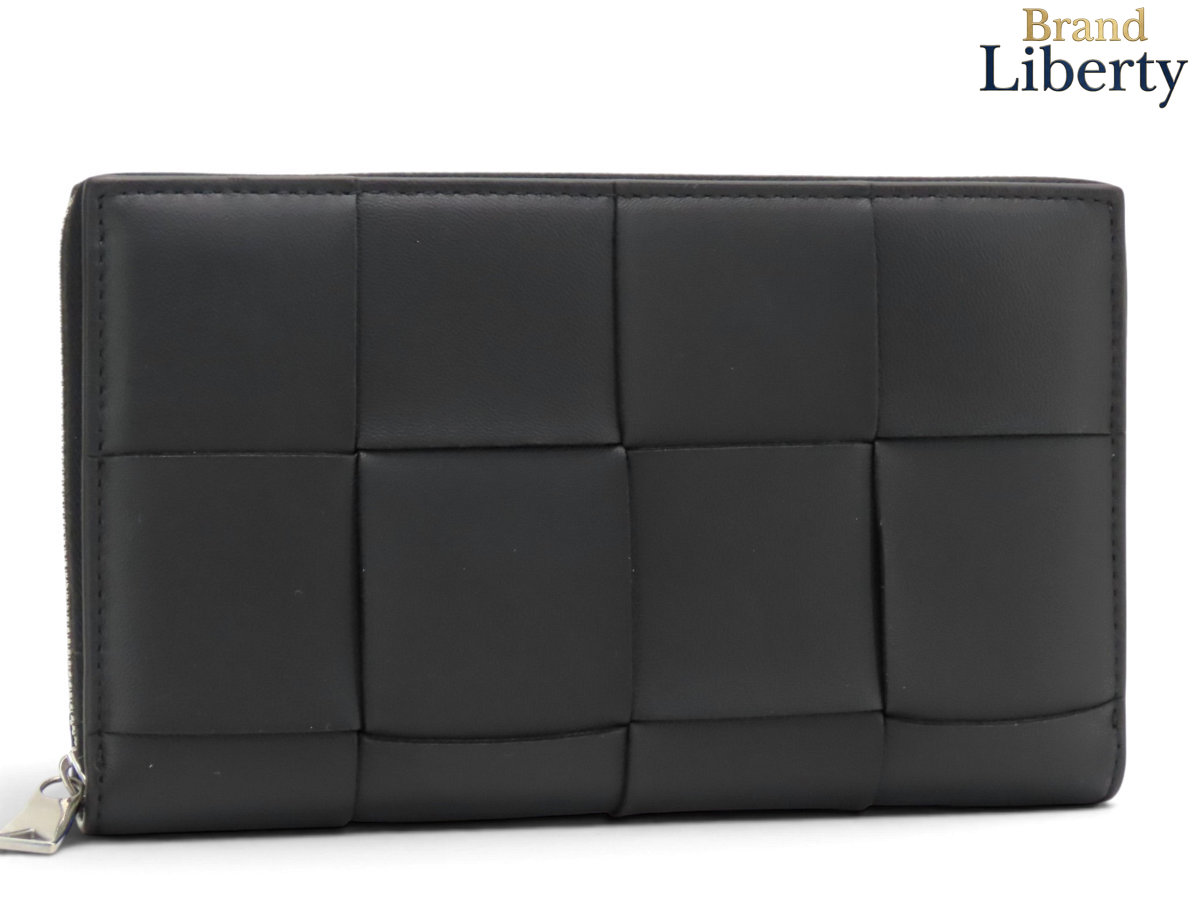 ボッテガ ヴェネタ BOTTEGA VENETA マキシ イントレチャート カセット ジップアラウンドウォレット ラウンドファスナー長財布 ブラック ラムレザー カーフレザー 651368　