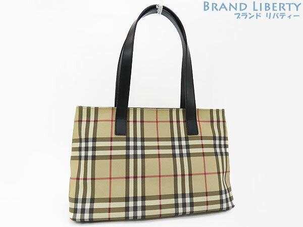 【新品同様】バーバリー　BURBERRY　ロンドン　ヘイマーケットチェック　トートバッグ　ショルダーバッグ　ハンドバッグ　ベージュ ブラック　PVC レザー　【中古】