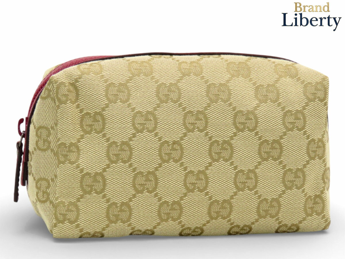 【新古品】グッチ GUCCI GGキャンバス ポーチ コスメポーチ 化粧ポーチ 小物入れ マルチケース ベージュ レッド キャンバス レザー 29595　【中古】