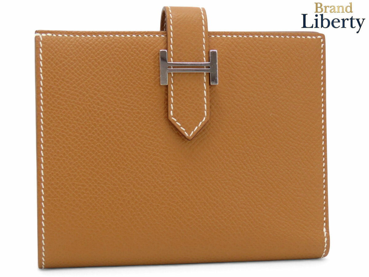 乐天商城 - 【超美品】エルメス HERMES ベアン コンパクト 二つ折り財布 コンパクト財布 ゴールド ブラウン シルバー金具 ヴォーエプソン B刻　【中古】