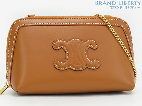 【超美品】セリーヌ　CELINE　キュイル トリオンフ　チェーン クラッチバッグ　チェーンショルダーバッグ　ポシェット　ポーチ　タン ブラウン　カーフレザー　10E383DR8 04LU　【中古】