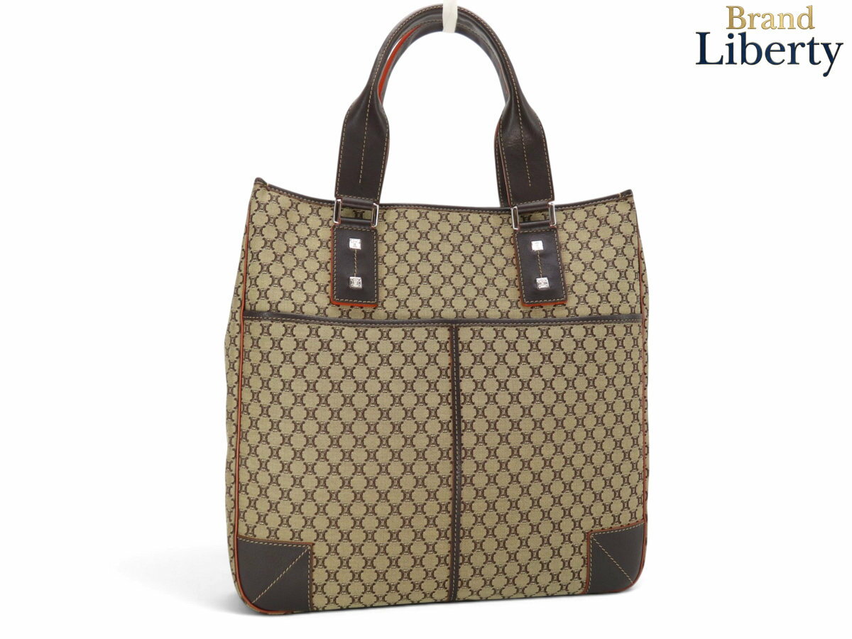 乐天商城 - 【美品】セリーヌ CELINE マカダム トートバッグ ハンドバッグ ベージュ ダークブラウン オレンジ キャンバス レザー　【中古】