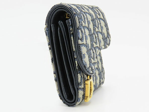 【ほぼ新品】クリスチャン ディオール　Christian Dior　サドル SADDLE　オブリーク ジャカード　ロータス ウォレット　三つ折り財布　コンパクト財布　ネイビー アイボリー　S5652CTZQ_M928　【中古】