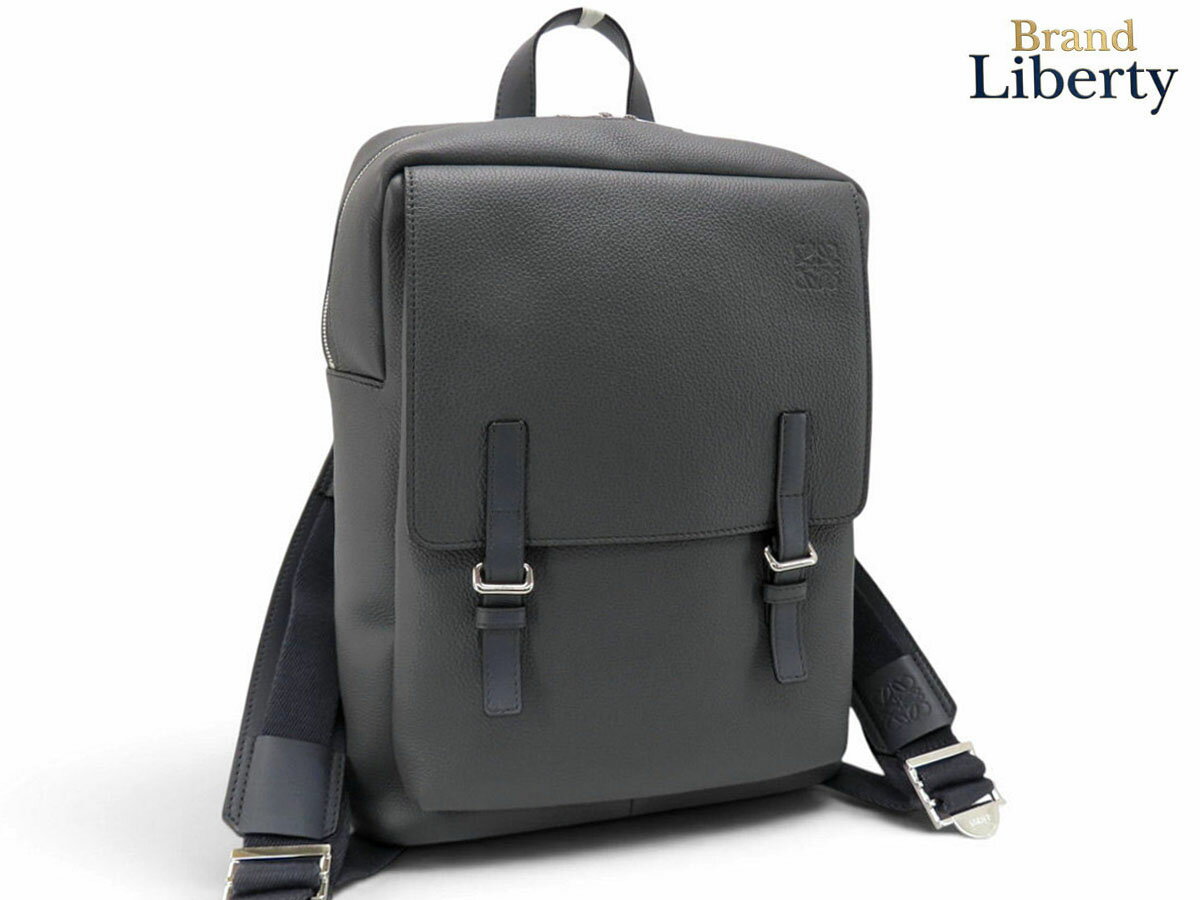 Rakuten - 【超美品】ロエベ LOEWE アナグラム ミリタリー バックパック リュックサック アンスラサイト グレー ソフトグレインカーフ B553J18X04　【中古】