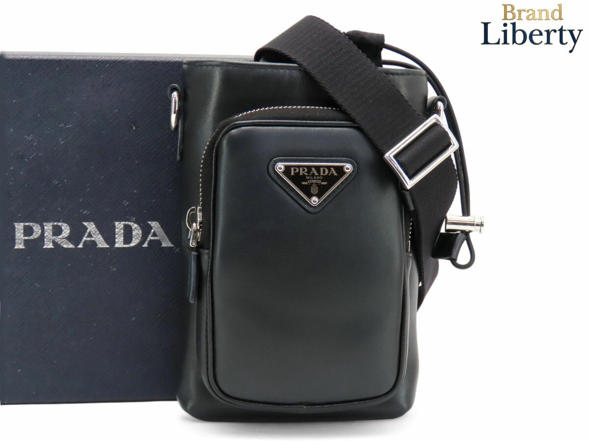 乐天商城 - 【美品】プラダ PRADA レザー スマートフォンケース フォンポーチ ポシェット 斜め掛けショルダーバッグ ブラック レザー ナイロン 2ZH155　【中古】