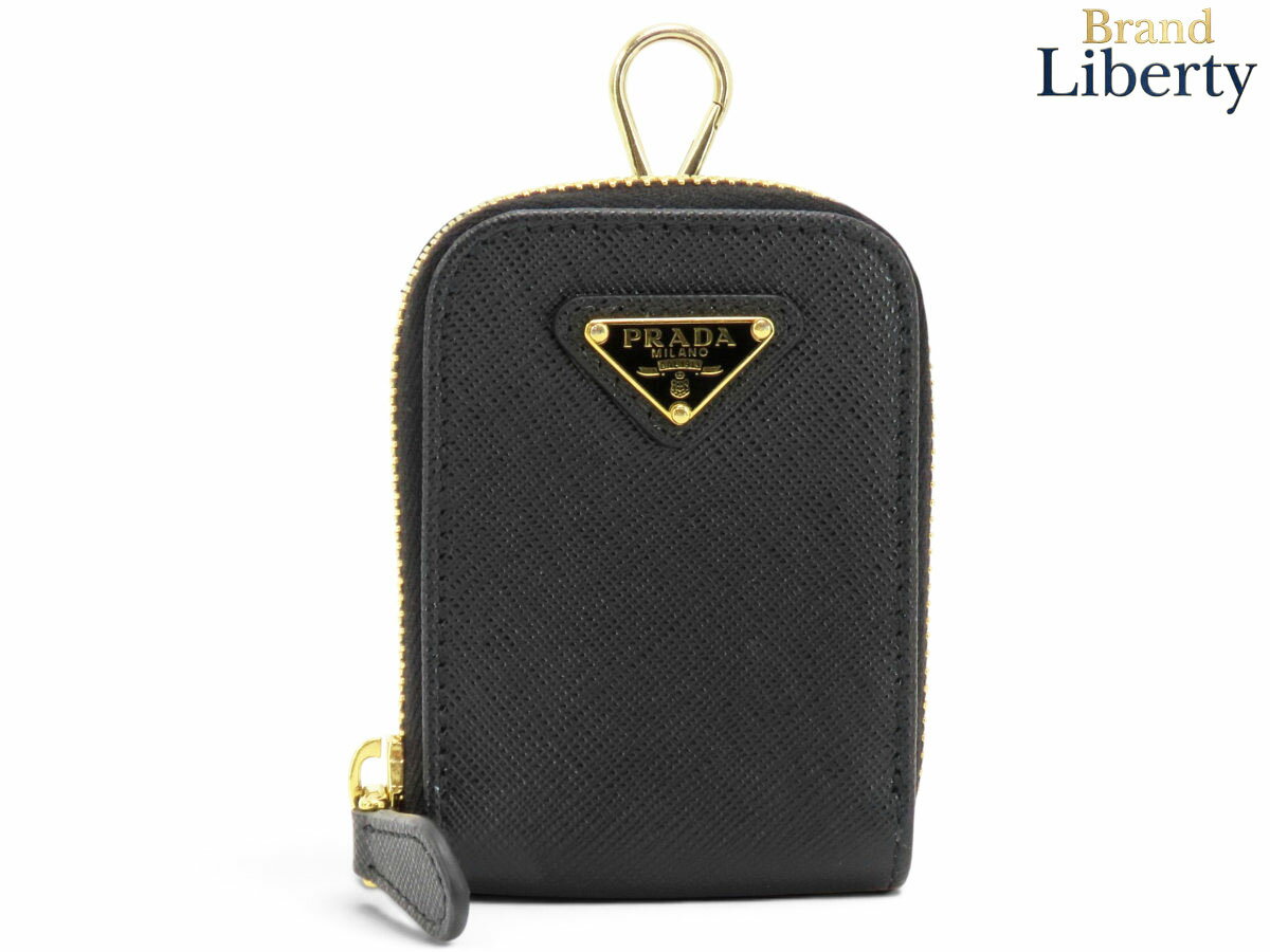 Rakuten - 【美品】プラダ PRADA サフィアーノ トライアングル ミニポーチ バッグチャーム コインケース 小物入れ NERO ブラック ゴールド金具 レザー　【中古】