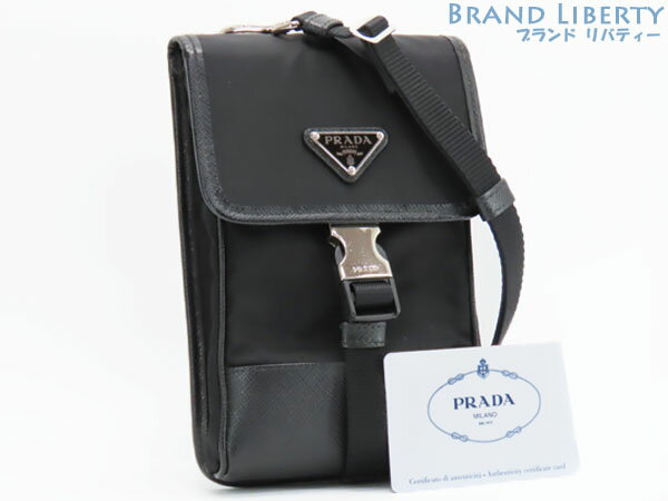 【超美品】プラダ　PRADA　テスート サフィアーノ　スマートフォンケース　フォンポーチ　ポシェット　ショルダーバッグ　NERO ブラック　ナイロン サフィアーノレザー　2ZH109　【中古】