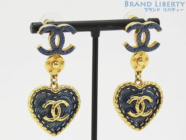 【レア新品同様】シャネル　CHANEL　ココマーク　デニム　ハート　スイング　ピアス　ネイビー ゴールド　ABC738　【中古】
