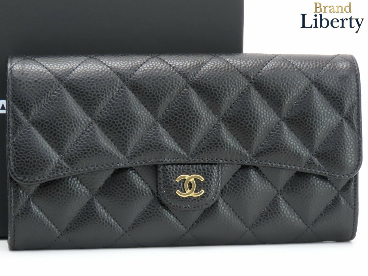 【新古品】シャネル CHANEL マトラッセ ココマーク クラシック ロング フラップウォレット キャビアスキン 二つ折り長財布 ブラック ゴールド金具 グレインドカーフスキン AP0241 A80758　【中古】