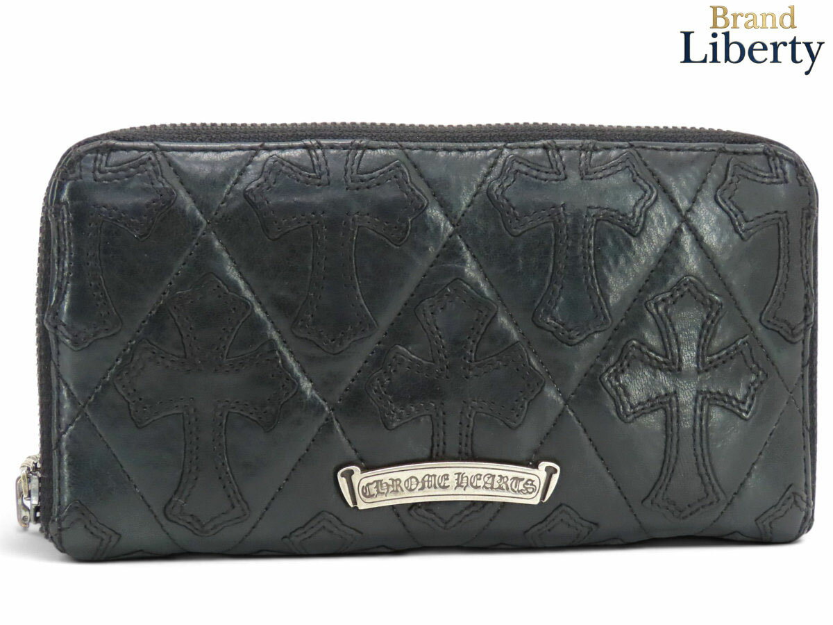 C, D, T, R, W - クロムハーツ Chrome Hearts セメタリークロス キルティング クロスパッチ ラウンドファスナー 長財布 ブラック レザー シルバー925 REC F ZIP CEME QLT　【中古】
