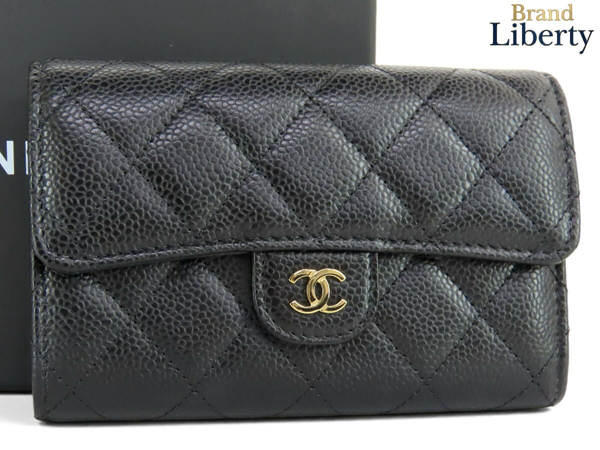 【新古品】シャネル CHANEL マトラッセ ココマーク キャビアスキン クラシック フラップ ミディアム ウォレット 三つ折り財布 ブラック ゴールド金具 グレインドカーフスキン AP0232　【中古】