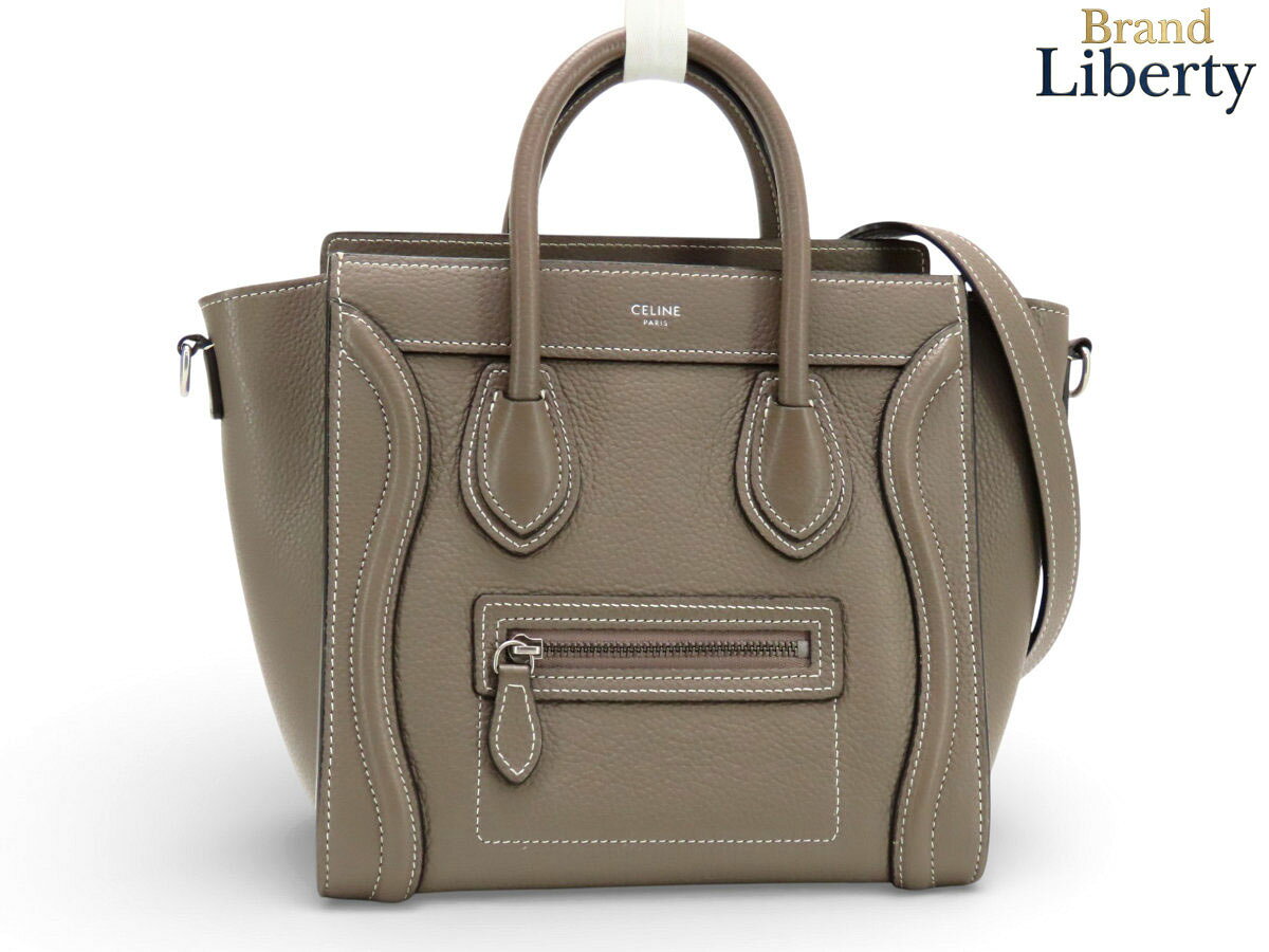【美品】セリーヌ CELINE ラゲージ ナノ ショッパー 2WAY ハンドバッグ ショルダーバッグ トートバッグ 新ロゴ スリ グレーベージュ ドラムドカーフスキン 189243DRU.09SO 【中古】