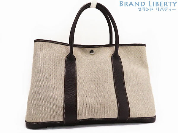 【美品】エルメス　HERMES　ガーデンパーティPM　トートバック　ハンドバッグ　ベージュ ダークブラウン　トワルアッシュ キャンバス レザー　□H　【中古】のサムネイル