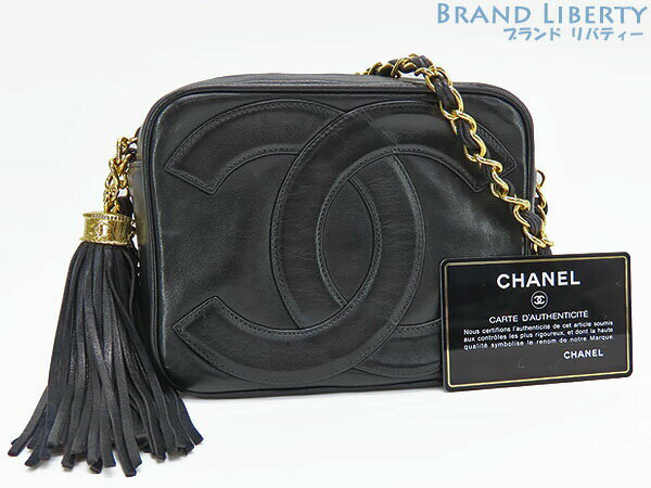 【レア美品】シャネル　CHANEL　ヴィンテージ　ココマーク　フリンジ タッセル付き　チェーンショルダーバッグ　ポーチ　ポシェット　ブラック ゴールド金具　レザー　【中古】