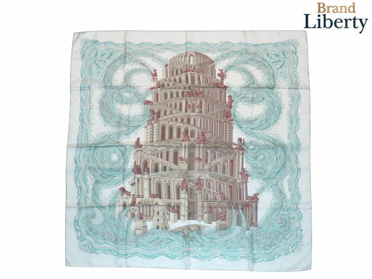 Silk - 【レア未使用】エルメス HERMES カレ90 LES RIVIERES DE BABEL バベルの川 大判スカーフ ストール ショール グリーン ブラウン ホワイト シルク100％　【中古】