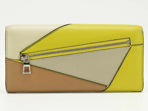 【激レア美品】ロエベ　LOEWE　パズル　コンチネンタルウォレット　二つ折り長財布　イエロー ベージュ グレーベージュ　カーフレザー　121.30.T80　【中古】