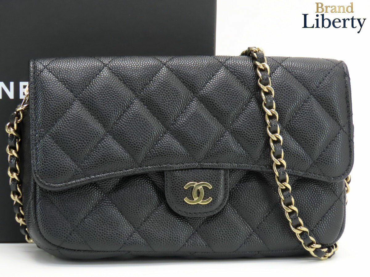 乐天商城 - 【超美品】シャネル CHANEL マトラッセ キャビアスキン タイムレスクラシック フラップ フォンケース チェーンショルダーバッグ ショルダーウォレット ポーチ ポシェット ブラック ゴールド金具 グレインドカーフスキン AP2096　【中古】